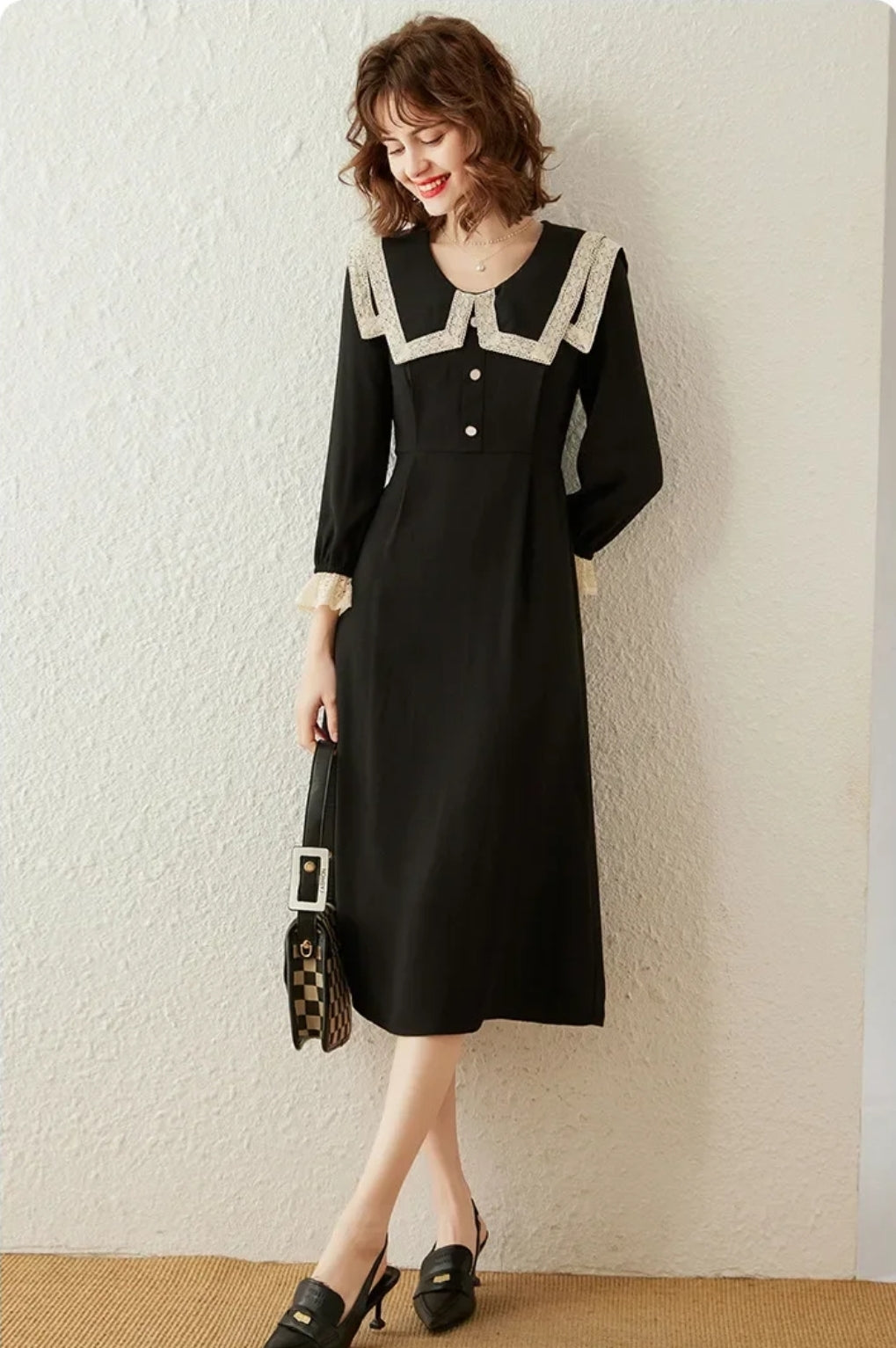 Turn Down Collar Midi Dress