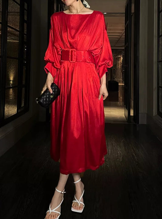 Lantern Sleeve Midi Red Dress