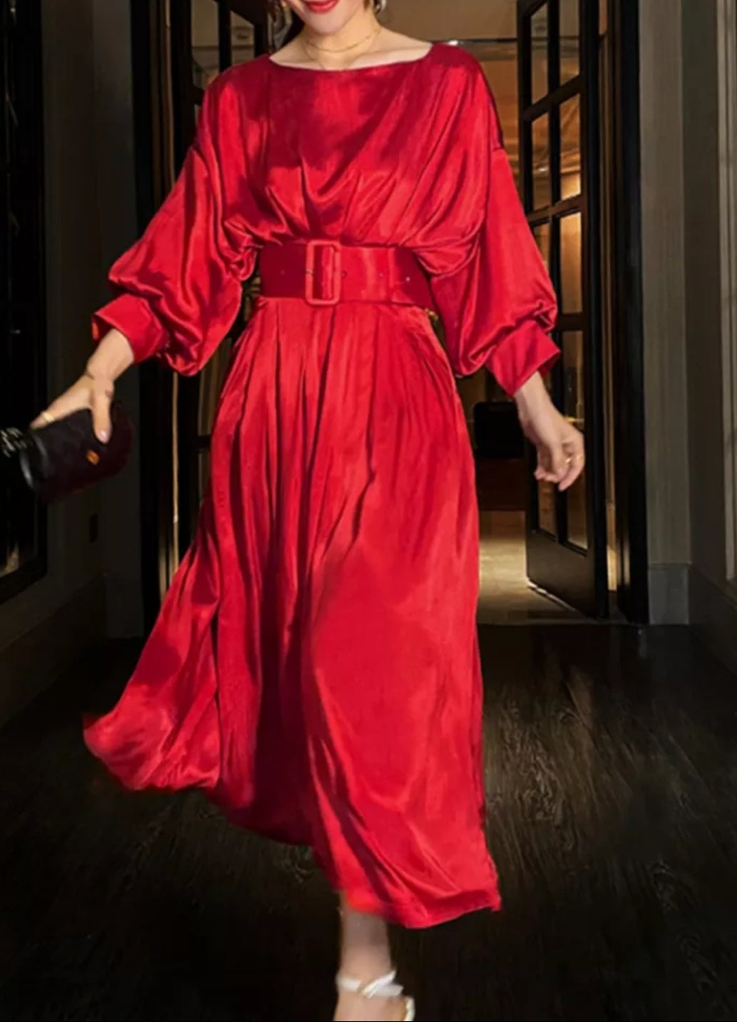 Lantern Sleeve Midi Red Dress