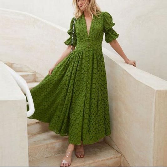 Lantern Sleeve  Green Dress