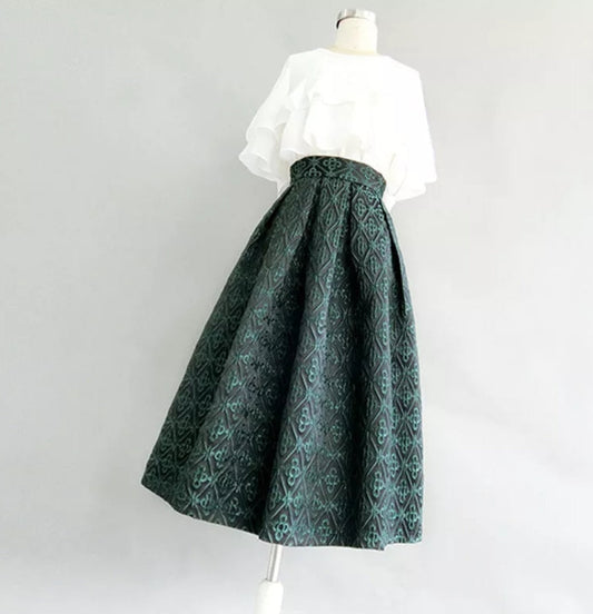 Green Jacquard Mid-Calf Skirt
