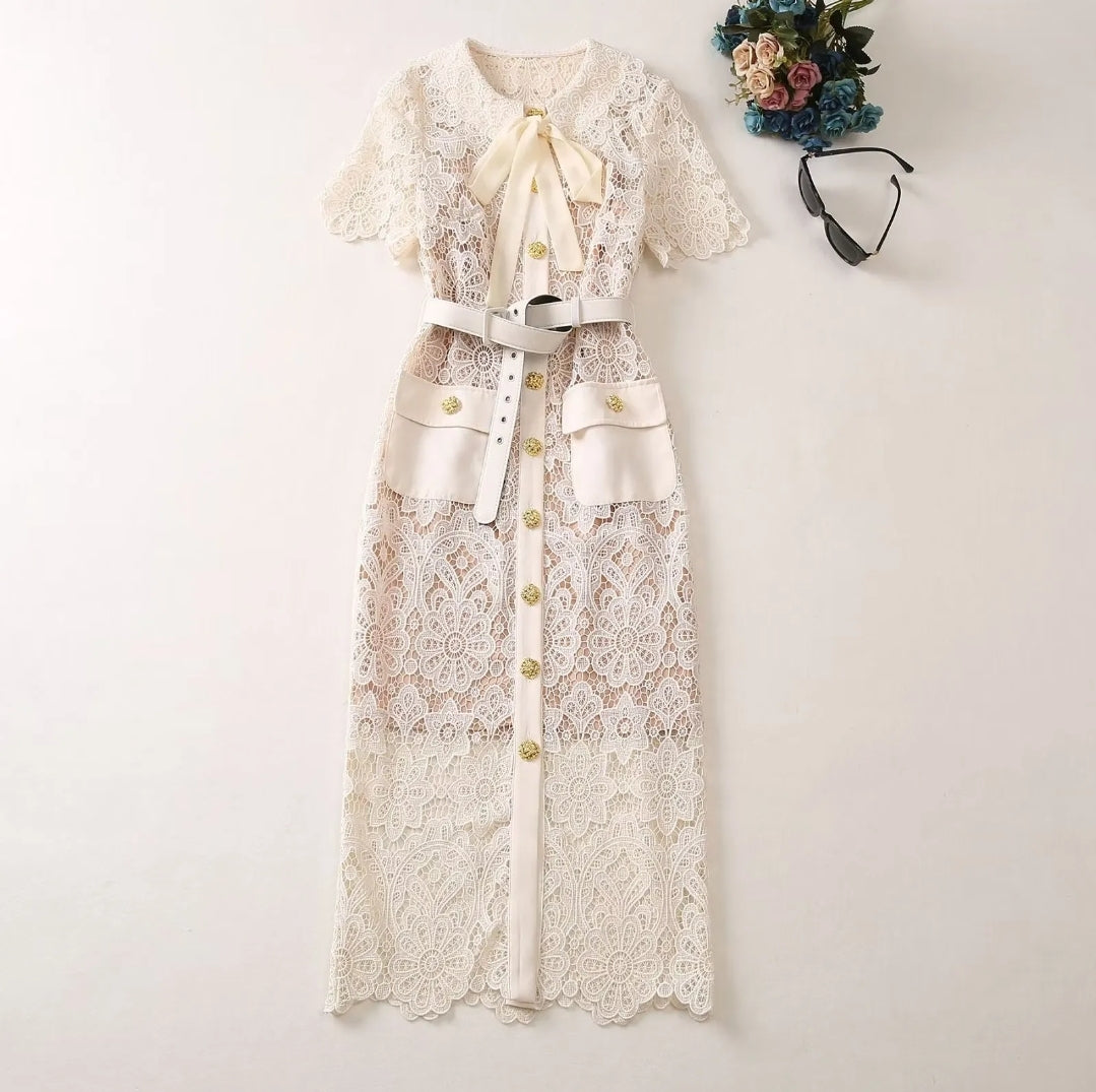 Lace Embroidery Mid-Calf Dress