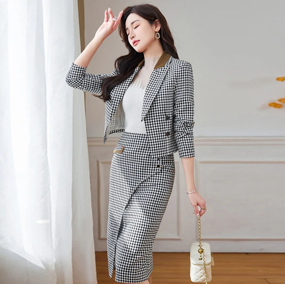 Plaid Pencil Two-Pieces Skirt end Jacket