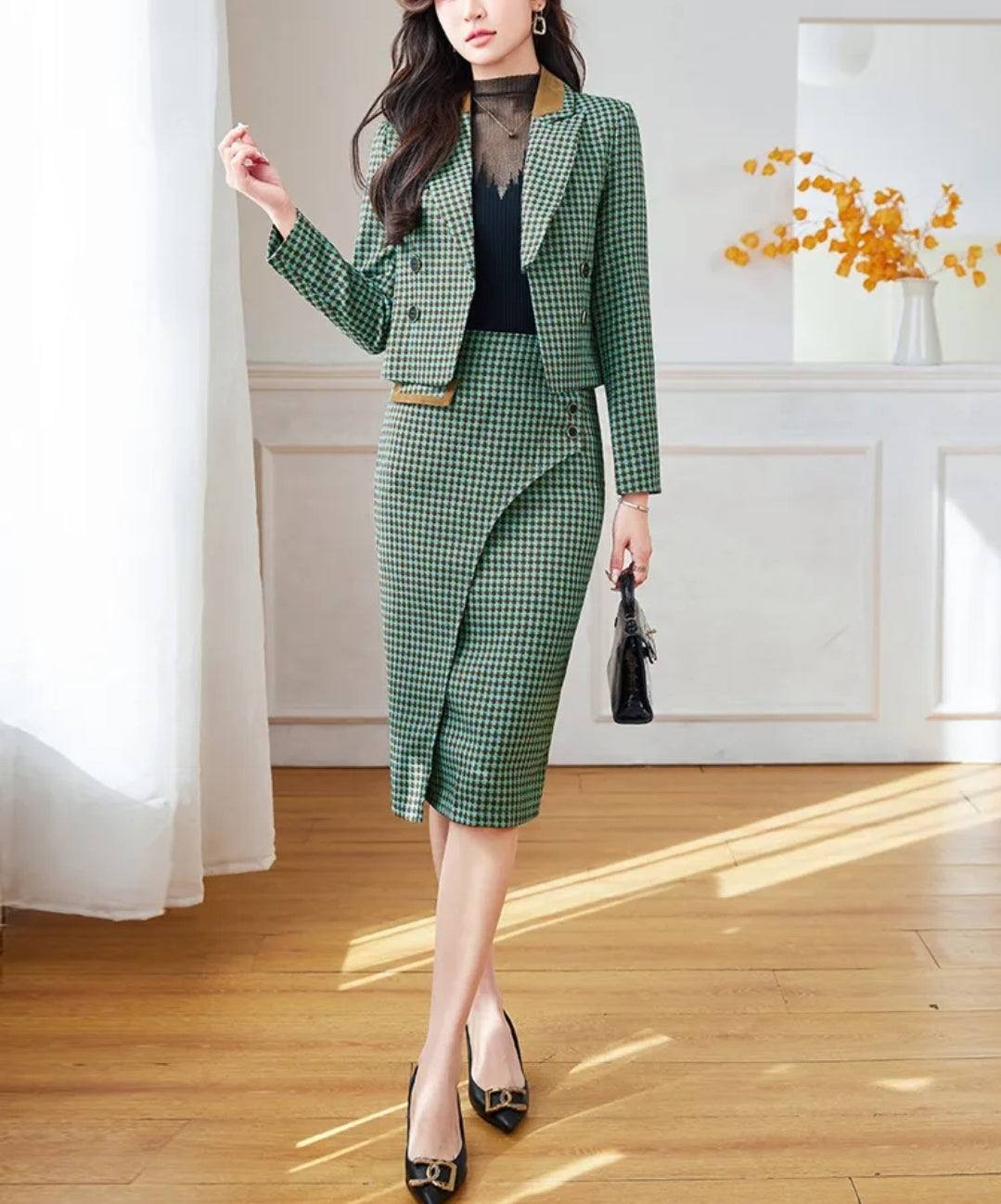 Plaid Pencil Two-Pieces Skirt end Jacket
